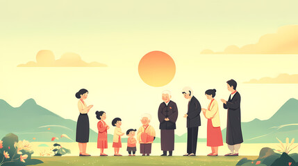 Fototapeta premium Heartwarming Family Tradition: Cartoon Illustration of Bowing to Elders A vibrant vector artwork showcasing a Chinese family in traditional attire against a colorful background, pe 4k, Generative AI.