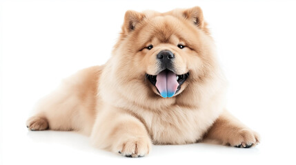 Fluffy Chow Chow dog with a blue tongue lying down on a clean white background, showcasing its thick fur and distinct features