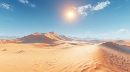 Expansive desert landscape under a bright sun and blue sky.
