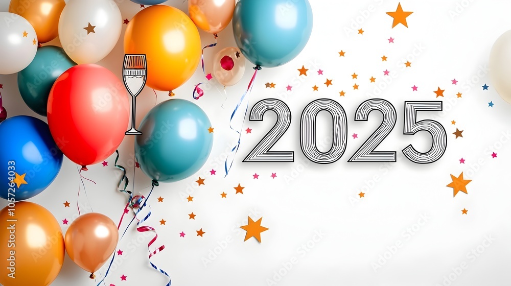 Poster Stylized minimalist design featuring a geometric font  2025  accented by line art of champagne glasses and stars with decorative balloons and streamers creating a premium