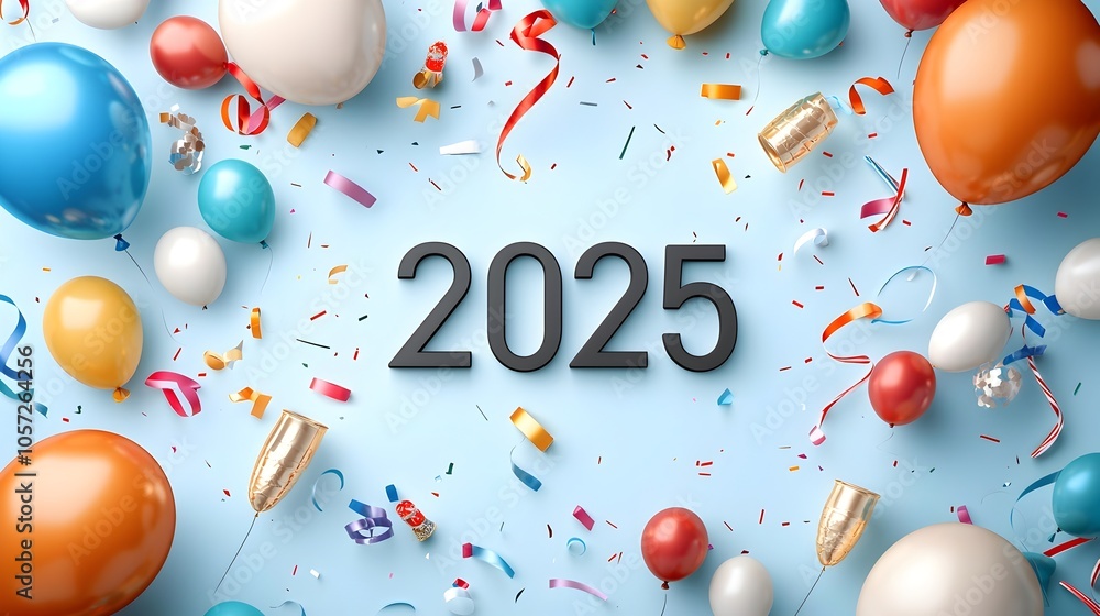 Aufkleber bold and modern 2025 geometric font design with simple line art of festive party elements like ballo