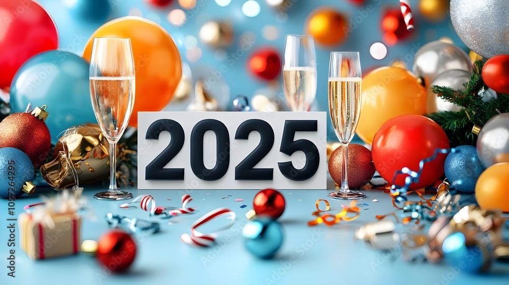 Poster bold geometric 2025 design surrounded by simple line art of festive balloons streamers and champagne