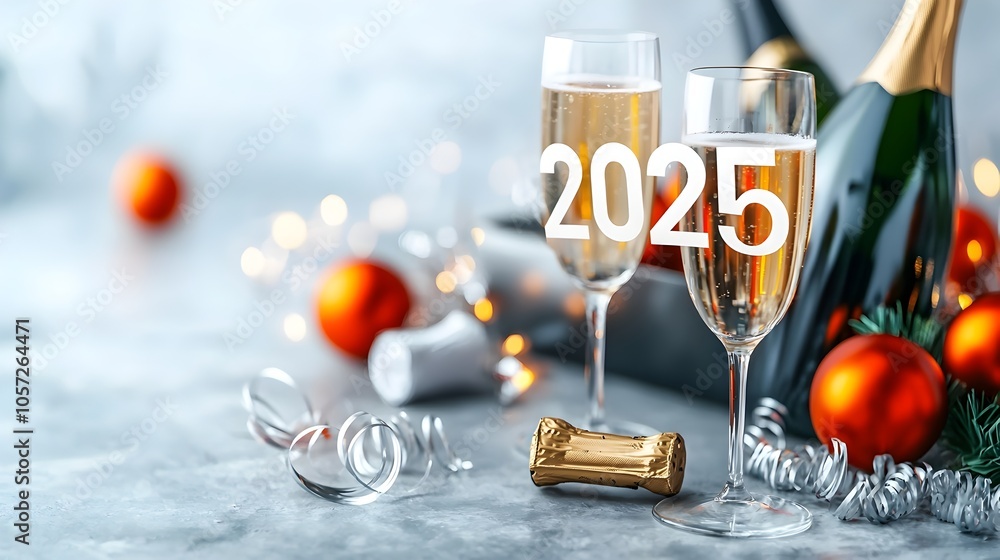 Aufkleber Elegant minimalist design featuring geometric 2025 text in a clean font complemented by abstract line art of champagne glasses and party streamers