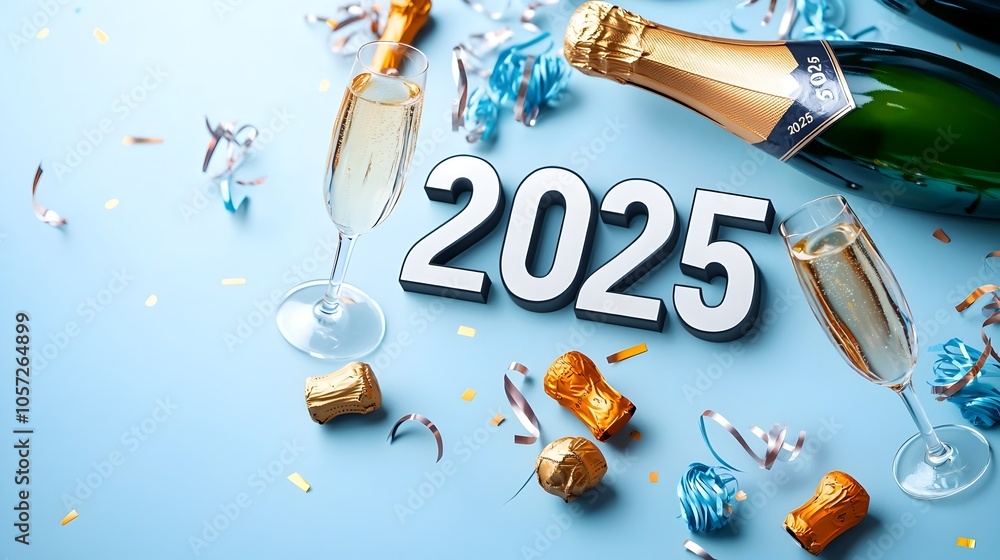 Aufkleber Elegant and Minimalist Geometric Design Featuring the Year 2025 in a Sleek Font Complemented by Stylized Line Art of Champagne Glasses and Streamers