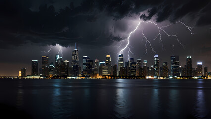 Fototapeta premium a dramatic image of a lightning strike hitting a tall building in the center of a modern city at night
