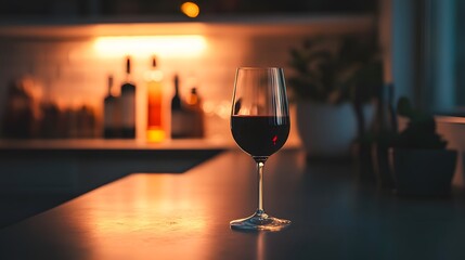 Elegant red wine glass on a countertop with warm ambient light in the background.