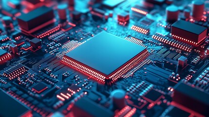 Obraz premium A close-up view of a circuit board with illuminated components, showcasing technology and electronic design.