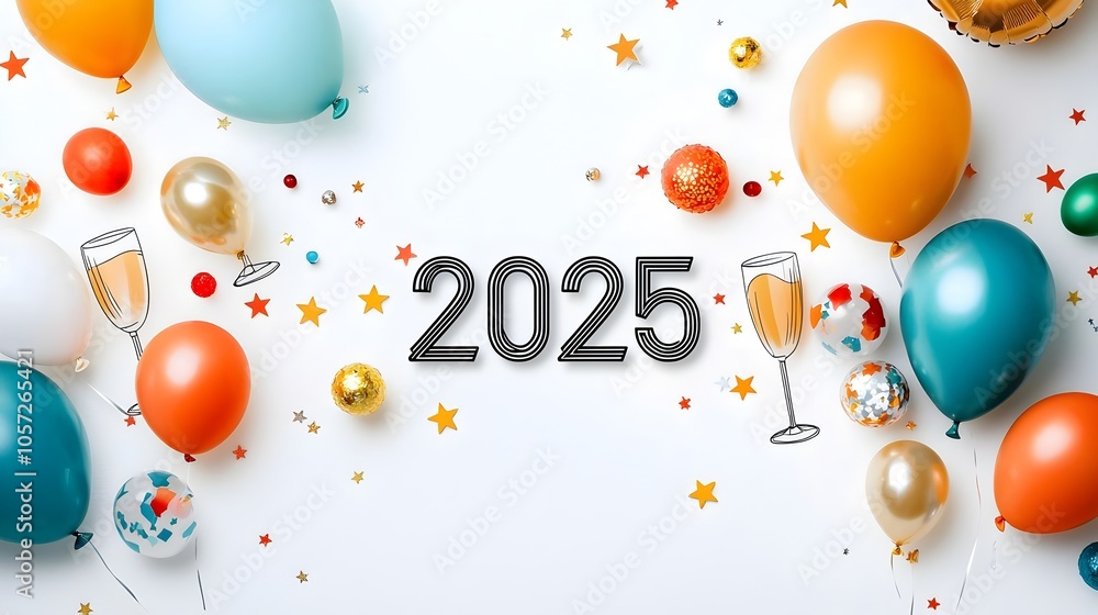 Aufkleber 2025 written in a sleek modern geometric font surrounded by minimal line art of stars balloons and c