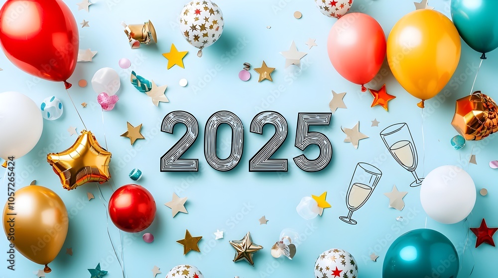 Poster sleek and contemporary 2025 design in a modern geometric font surrounded by minimal line art of star