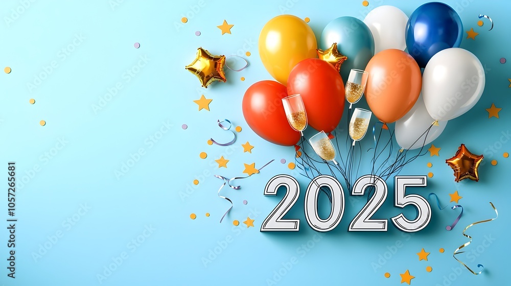 Poster Minimalist and modern graphic design featuring the year 2025 with simple line art of balloons stars and champagne glasses creating a stylish and festive backdrop perfect for marketing event planning