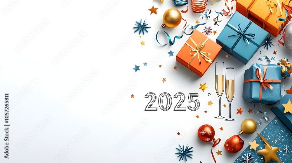 Aufkleber sleek and modern 2025 design featuring geometric font line art of festive streamers champagne glasse