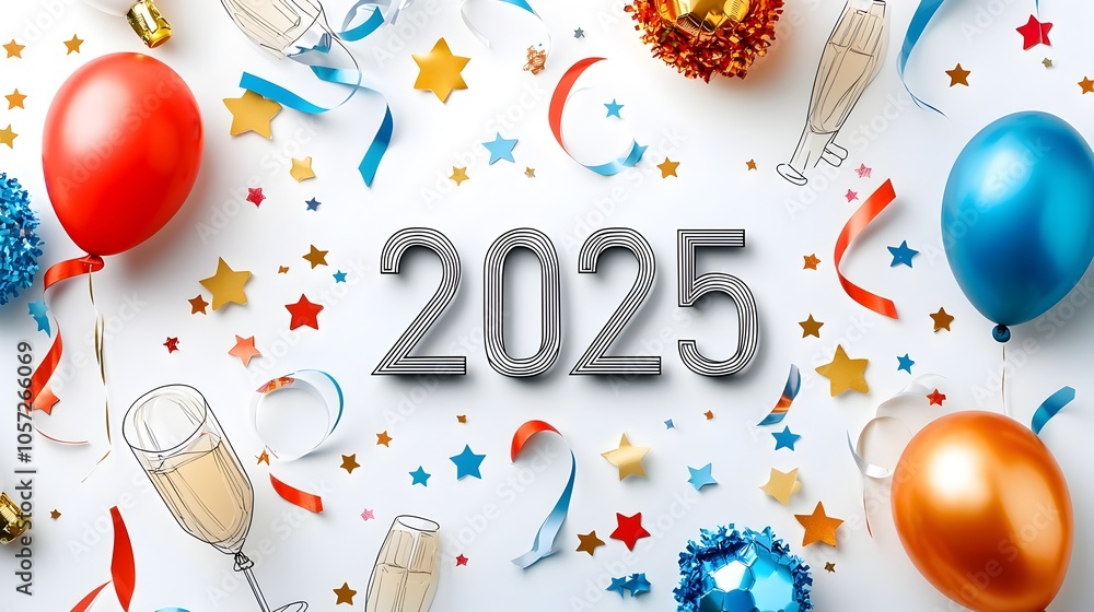Aufkleber minimalist and geometric design featuring the bold number 2025 in a modern font surrounded by abstra