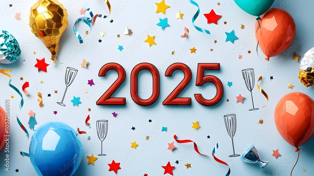 Poster Minimalist and modern graphic design featuring bold 2025 text in a geometric font surrounded by a minimalist line art composition of streamers champagne glasses stars and balloons