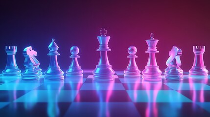 A vibrant chess set illuminated with neon colors on a checkerboard.