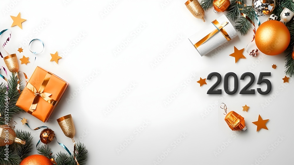 Aufkleber minimalist and bold graphic design of 2025 in geometric font decorated with champagne glasses stars 
