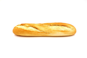 Tasty, crispy French baguette isolated on white background. Top view.
