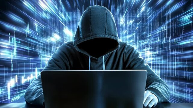 Anonymous acker with a hood covering his face. Computer abstract digital code motion graphics dynamic background. Dark web or darknet fraud. Cryptocurrency bitcoin trader concept.