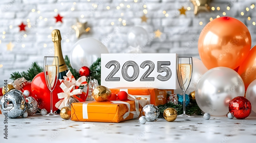 Aufkleber Stylish modern geometric design with 2025 in a bold minimalist font complemented by delicate line art of stars champagne glasses and party balloons   a versatile backdrop for new year s anniversary