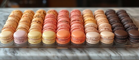 Vibrant macarons in assorted flavors, elegantly displayed on a marble surface, showcasing pastel hues and delightful textures.