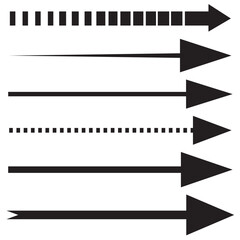 Straight long arrows pointing to the right. Set of black arrow pointing up. Isolated black thin, thick, and squiggle, dotted and dashed line arrows pointing to the right.  Arrows design element. 

