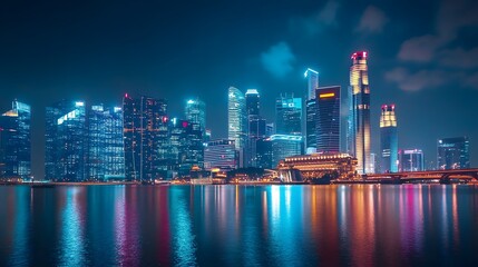 Obraz premium Stunning cityscape at night showcasing illuminated skyscrapers and reflective waters.