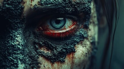 Naklejka premium Close-up of a Woman's Eye Covered in Dark Goo and Blood