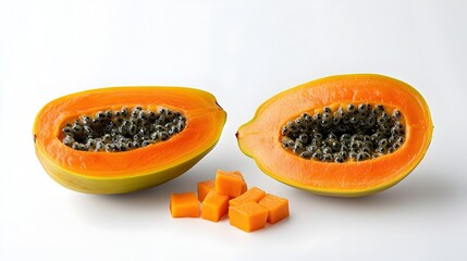 Close up of a whole ripe and juicy papaya with vibrant orange flesh shot against a plain white background  The tropical fruit is a healthy and nutritious snack or ingredient for various recipes