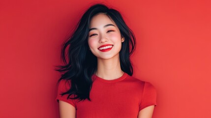 Fototapeta premium Delighted Asian model, half-body shot, smiling at the camera, minimalist solid color backdrop