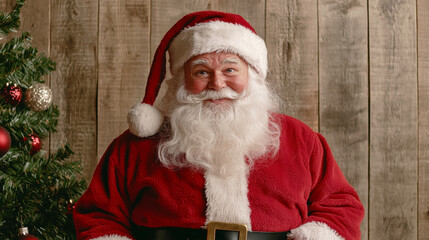 Santa Claus smiling joyfully in festive setting with tree
