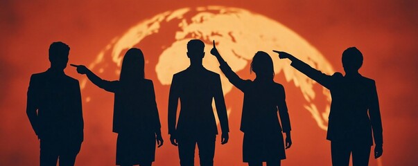 Silhouetted figures pointing at a global map, representing teamwork, strategy, and collaboration against a dramatic backdrop.