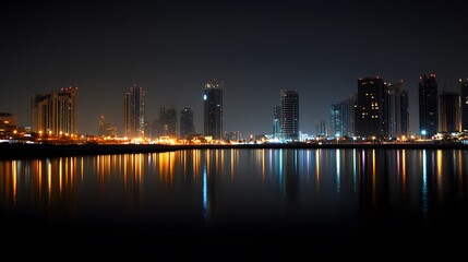 Obraz premium A stunning night view of an urban skyline reflecting on calm waters.