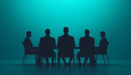 Fototapeta premium Silhouettes of business people gathered around a table, creating a mysterious and professional atmosphere in a dimly lit setting.