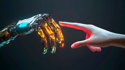 Obraz premium A human hand reaching out to a futuristic robotic hand, symbolizing connection.