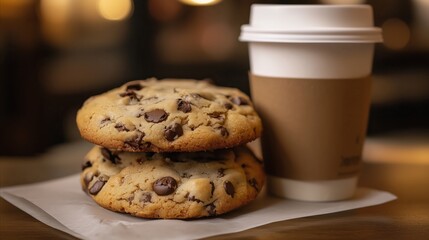 Two chocolate chip cookies and a coffee cup on a table