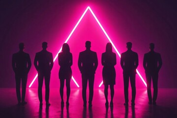 Silhouettes of professionals against a vibrant pink neon triangle, conveying mystery and modernity in a dramatic setting.
