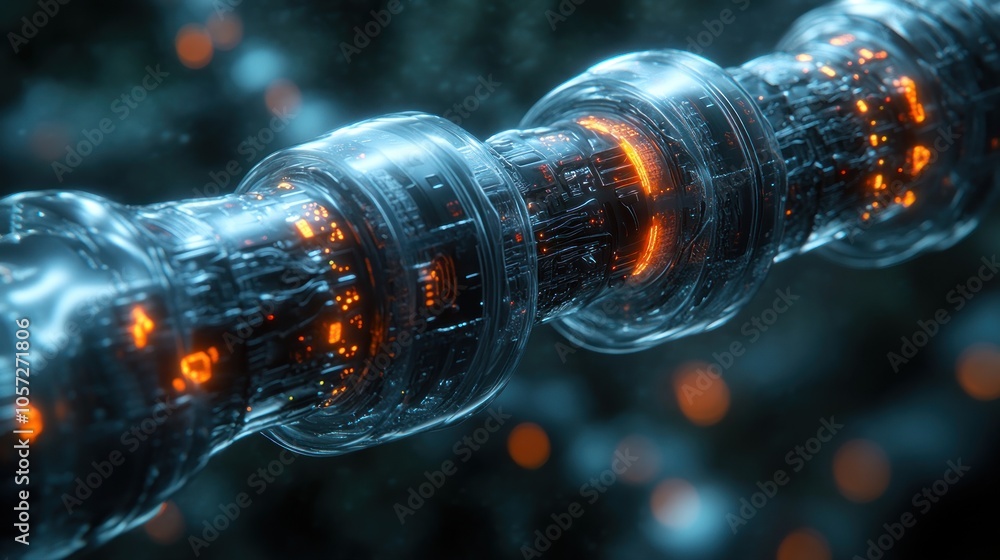Poster futuristic transparent conduit with glowing circuitry elements.