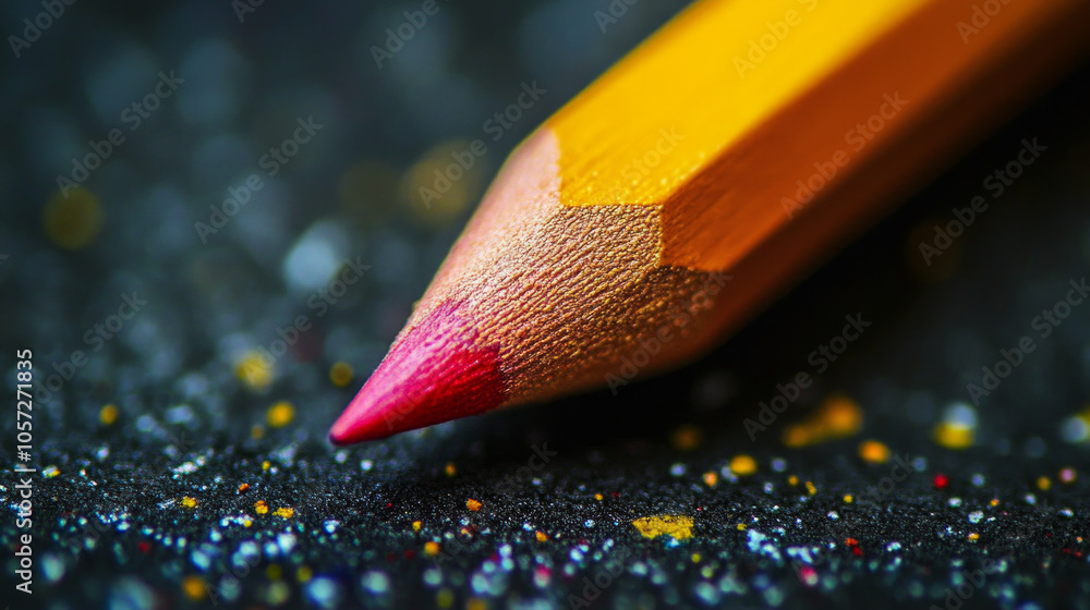 Poster close-up of a sharpened pink-colored pencil resting on a textured surface adorned with colorful glit
