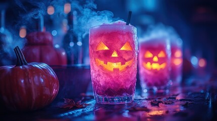 Halloween-themed drinks with glowing pumpkins and fog effects.