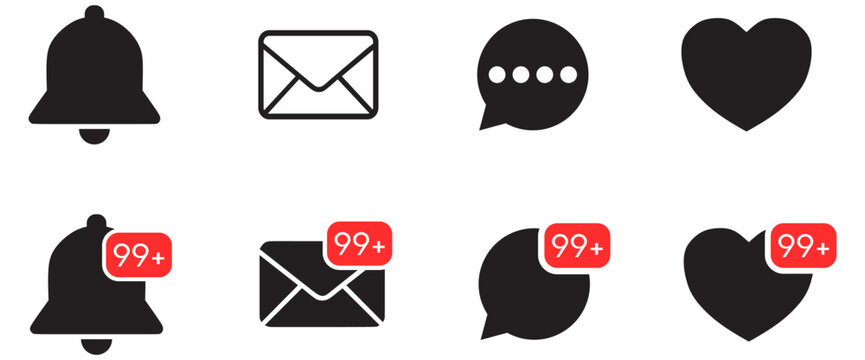 Notification bell icon set. New email message notification icon or alarm alert reminder icon sign. Love like with Notifications and chat message speech bubble icon - Web icons collection set - Powered by Adobe