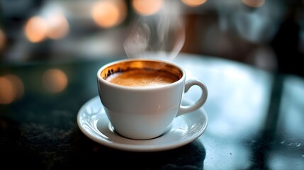 Fototapeta premium Steaming cup of coffee in a cozy cafe setting.