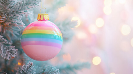 Christmas tree closeup on pink with rainbow ball.