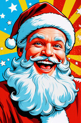 Very cheerful Santa Claus close-up. In the background bright background in Pop Art style.