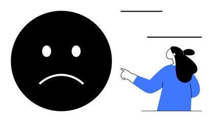 Large black sad face beside person pointing right with lines above. Ideal for emotional health awareness, mental health campaigns, educational material, psychological discussions, social media