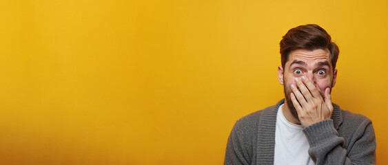 Fototapeta premium Shocked man with wide eyes covering mouth against bright yellow background with copy space
