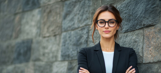 Obraz premium Confident professional standing against a stone wall in a stylish outfit during bright daylight