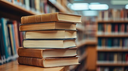 Stack of Books on Library Shelf in Detail
