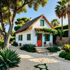 A small house features a red door and green shutters.