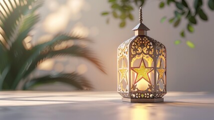 A decorative, ornate lantern, light gold in color, sits on a light surface, with out-of-focus greenery in the background.