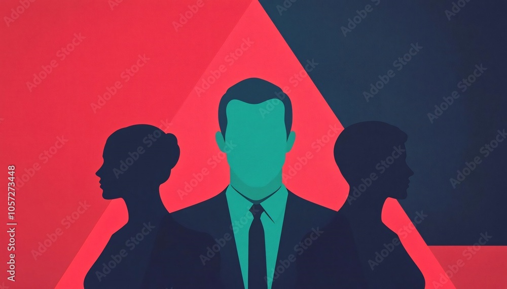 Poster abstract representation of three silhouettes with a central figure, symbolizing identity and relatio