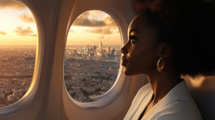 Elegant Black woman in-flight to Paris, looking out the airplane window at the city below